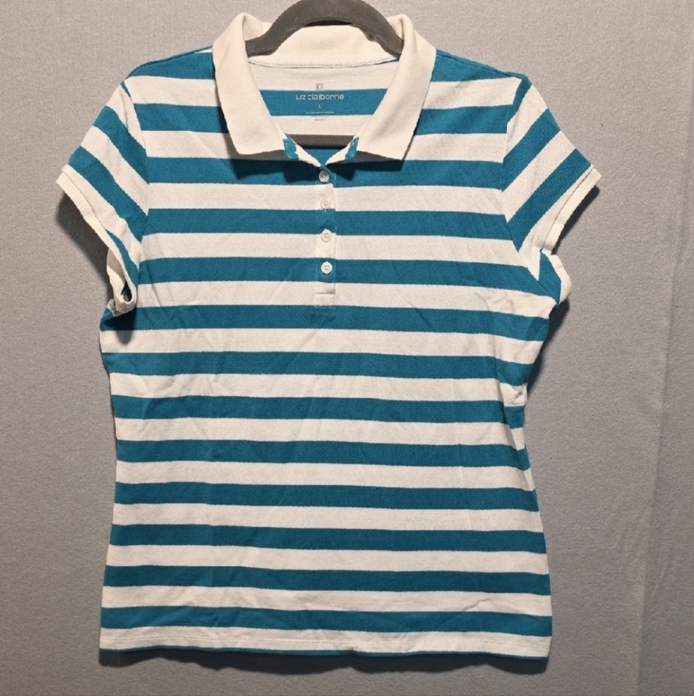 Liz Claiborne Womens Preppy Polo in Teal and White Stripes Size Large